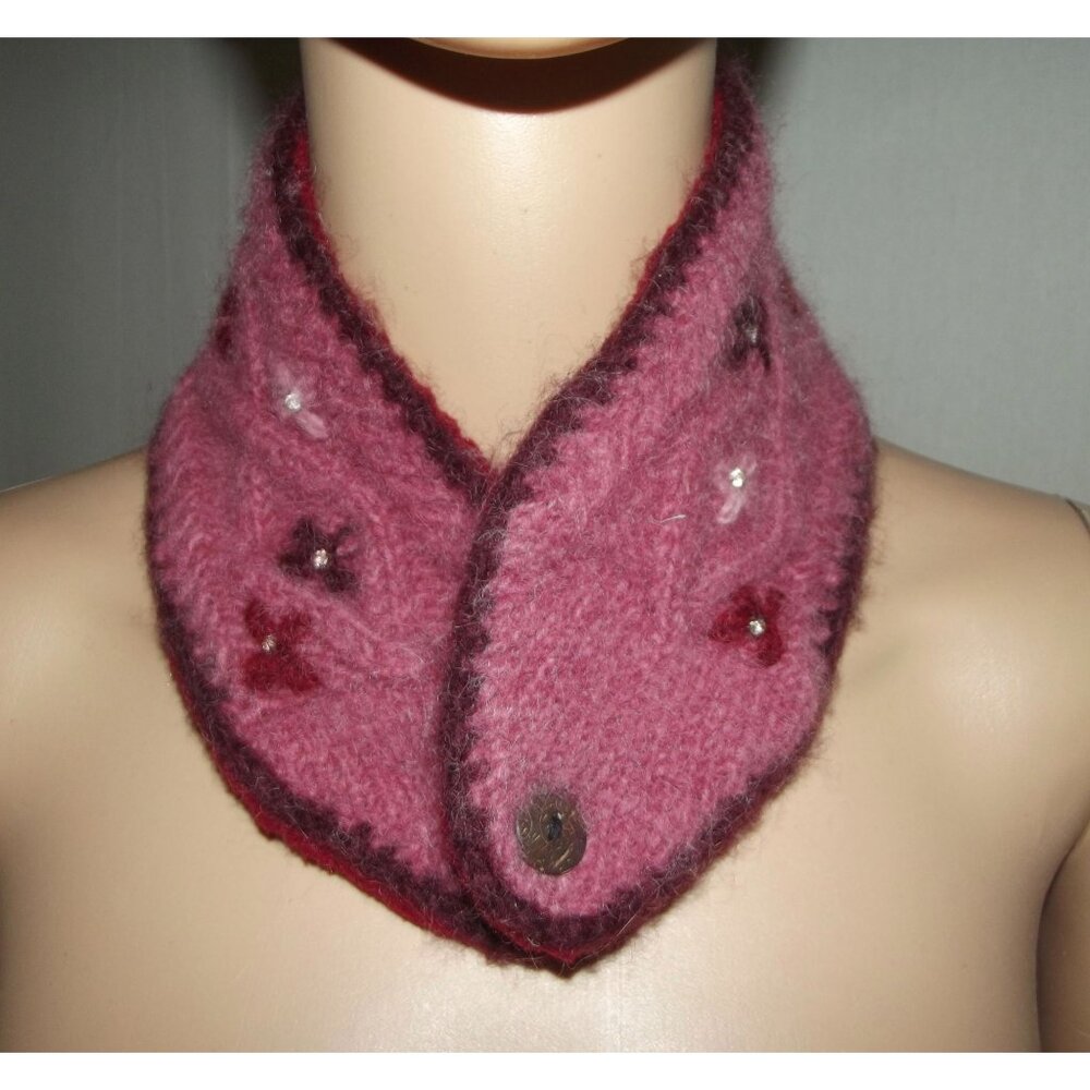 Pink Knit Button Scarf or Headband Wine Burgundy embroidered Floral rhinestones